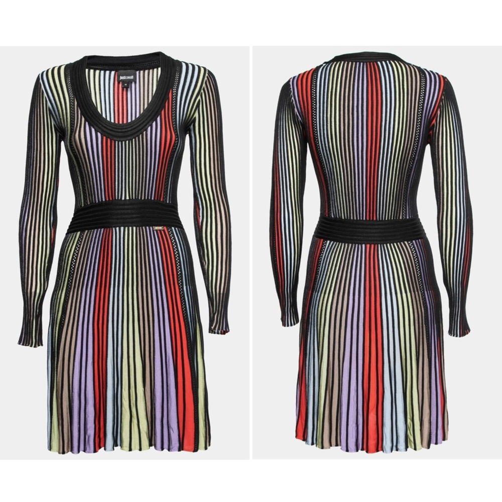 Just Cavalli Multicolor Ribbed Knit Long Sleeve Dress Rainbow Colorful Pleats
